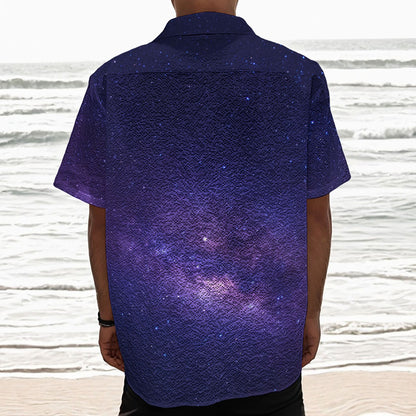 Dark Purple Milky Way Galaxy Space Print Textured Short Sleeve Shirt
