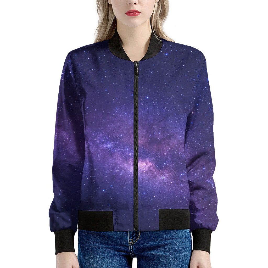 Dark Purple Milky Way Galaxy Space Print Women's Bomber Jacket