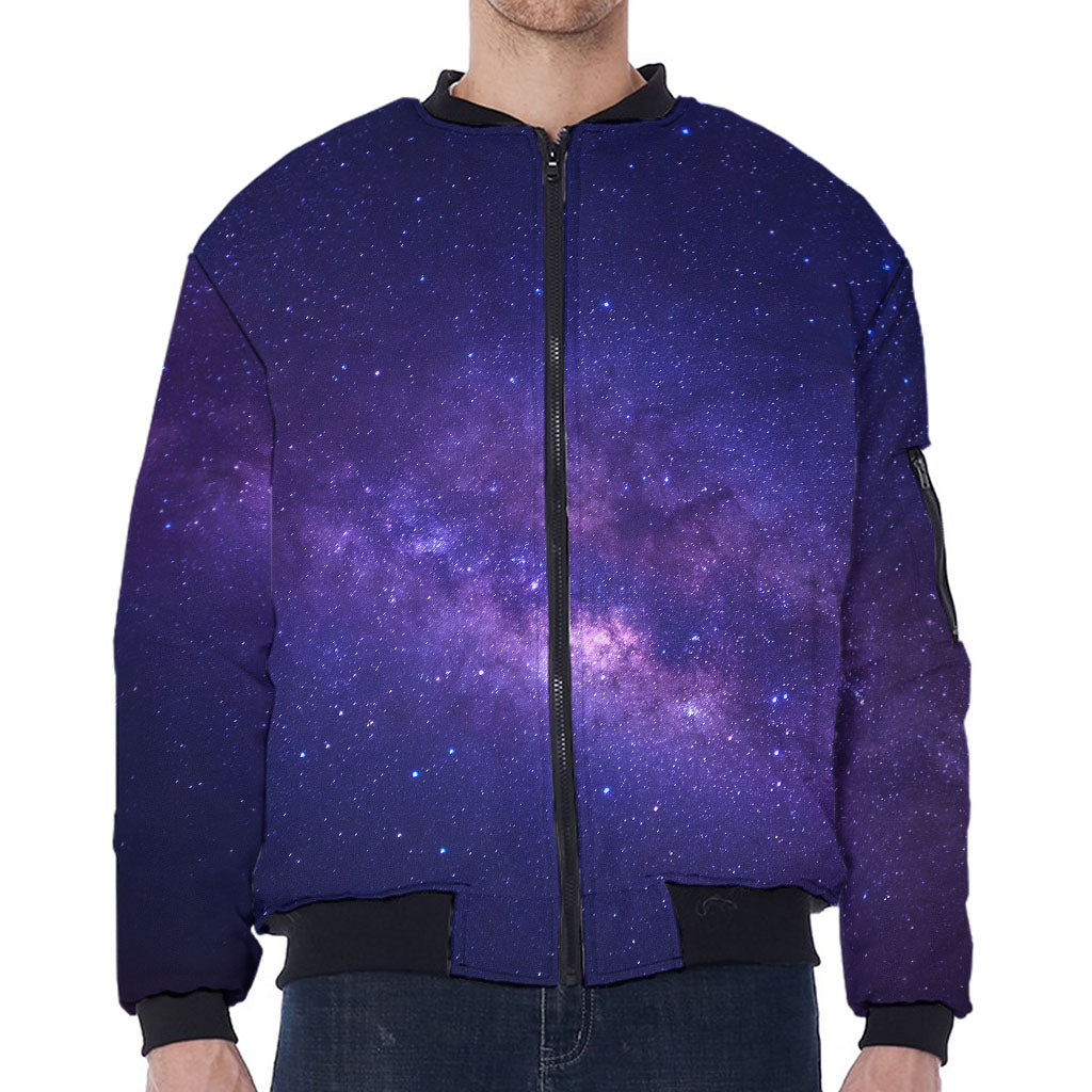 Dark Purple Milky Way Galaxy Space Print Zip Sleeve Bomber Jacket