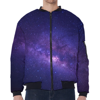 Dark Purple Milky Way Galaxy Space Print Zip Sleeve Bomber Jacket