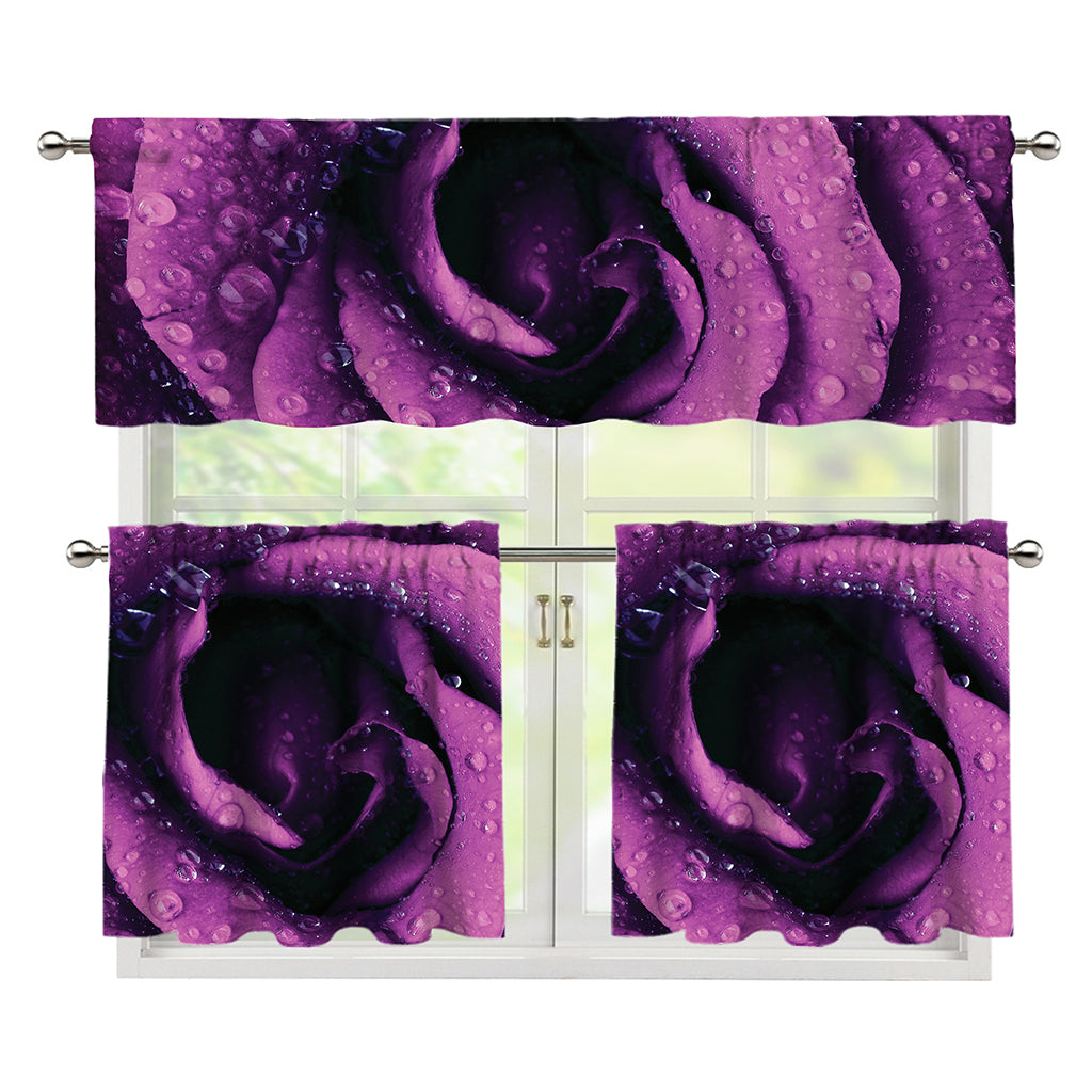 Dark Purple Rose Print 3 Piece Kitchen Curtains