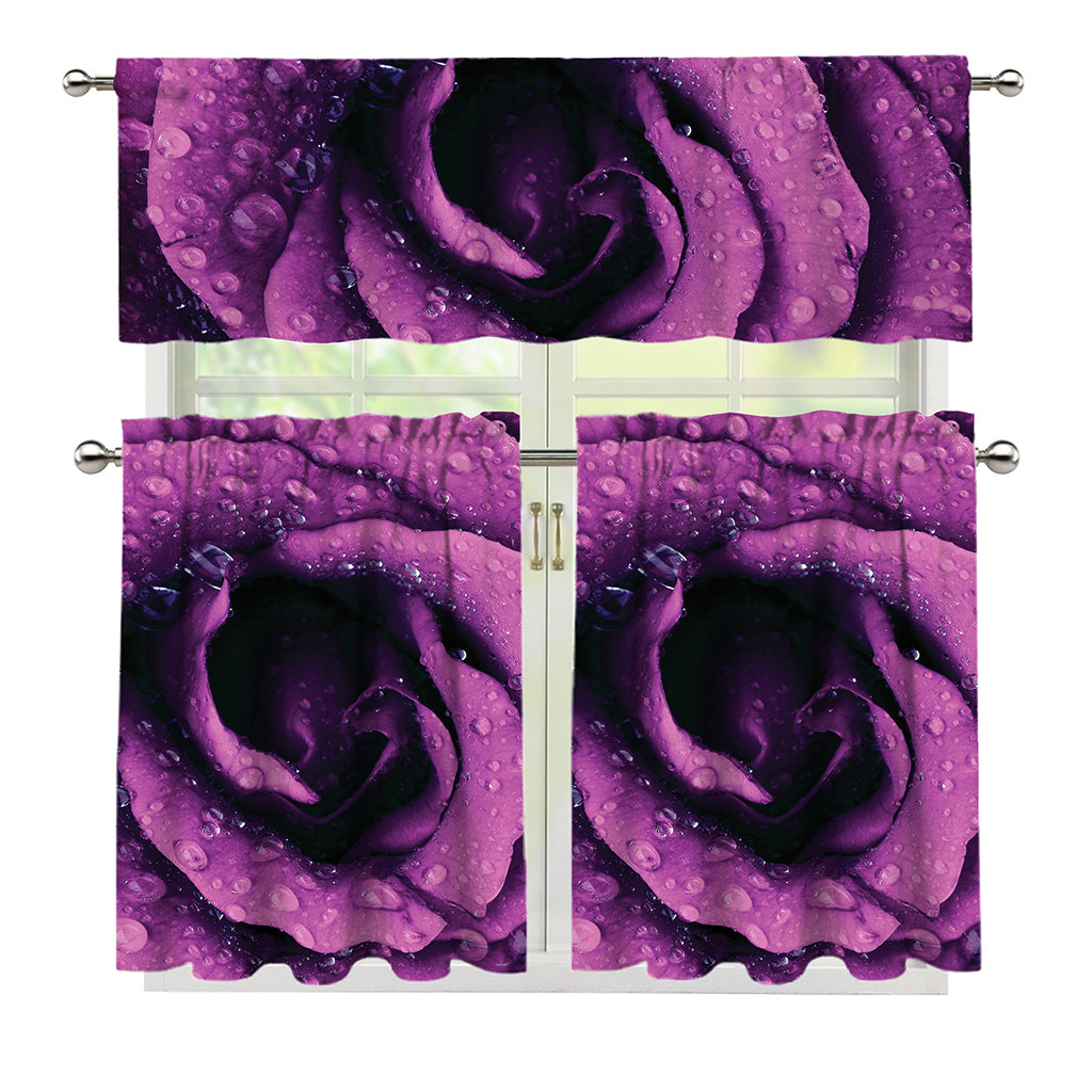 Dark Purple Rose Print 3 Piece Kitchen Curtains