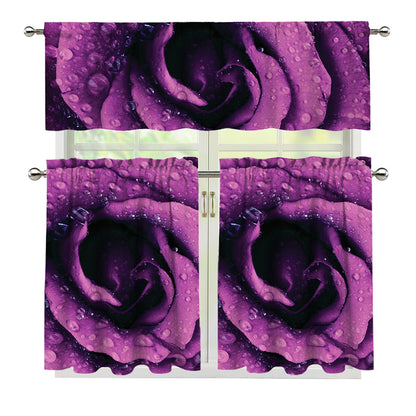 Dark Purple Rose Print 3 Piece Kitchen Curtains