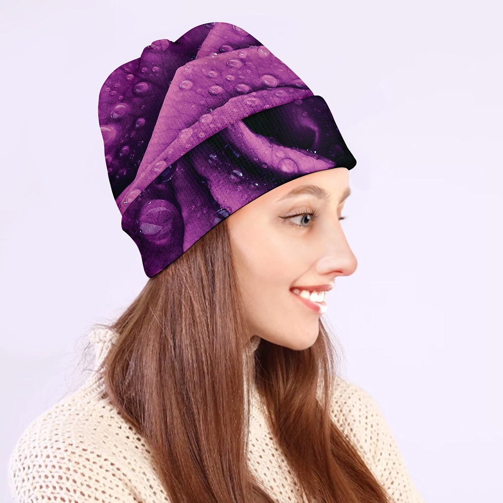 Dark Purple Rose Print Beanie