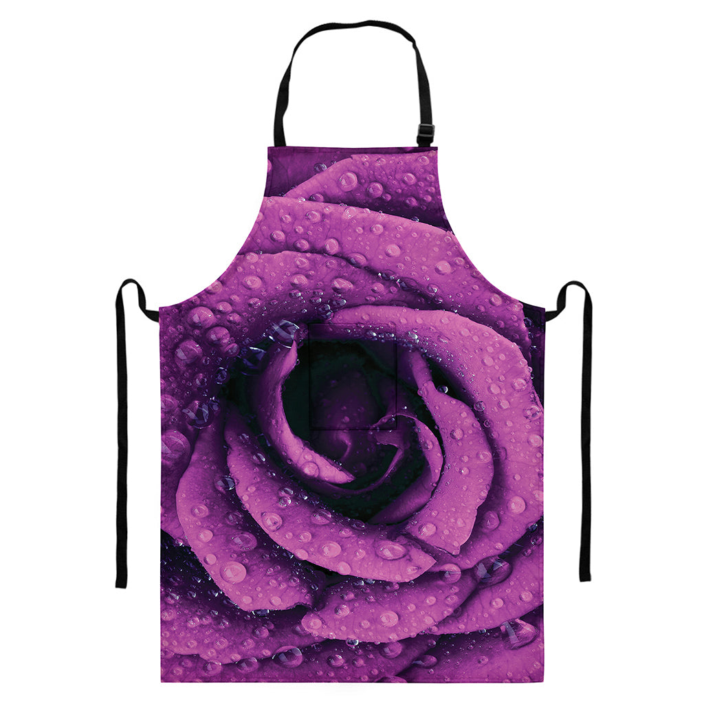 Dark Purple Rose Print Bib Apron With Pocket