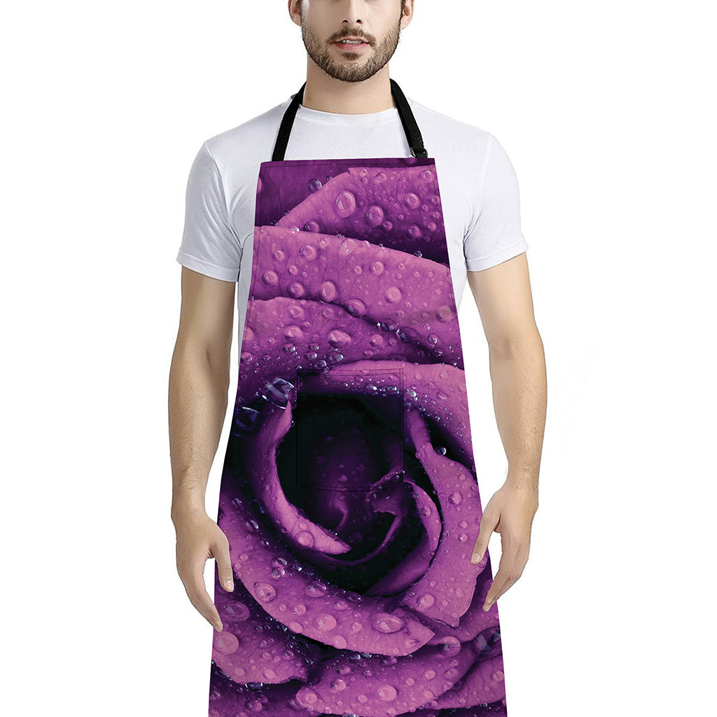 Dark Purple Rose Print Bib Apron With Pocket