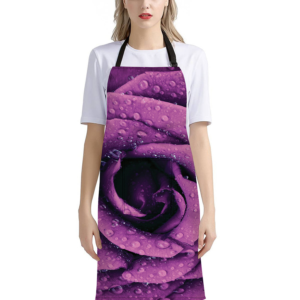 Dark Purple Rose Print Bib Apron With Pocket