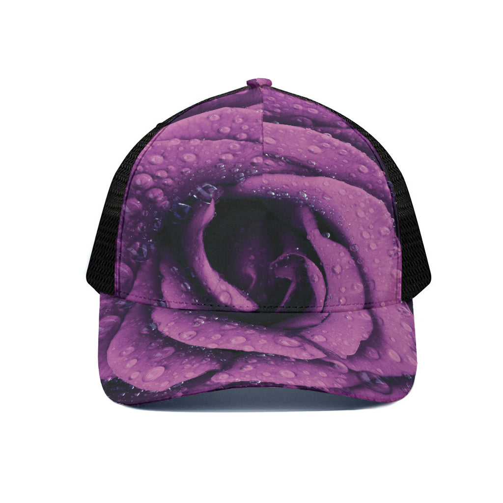 Dark Purple Rose Print Black Mesh Trucker Cap