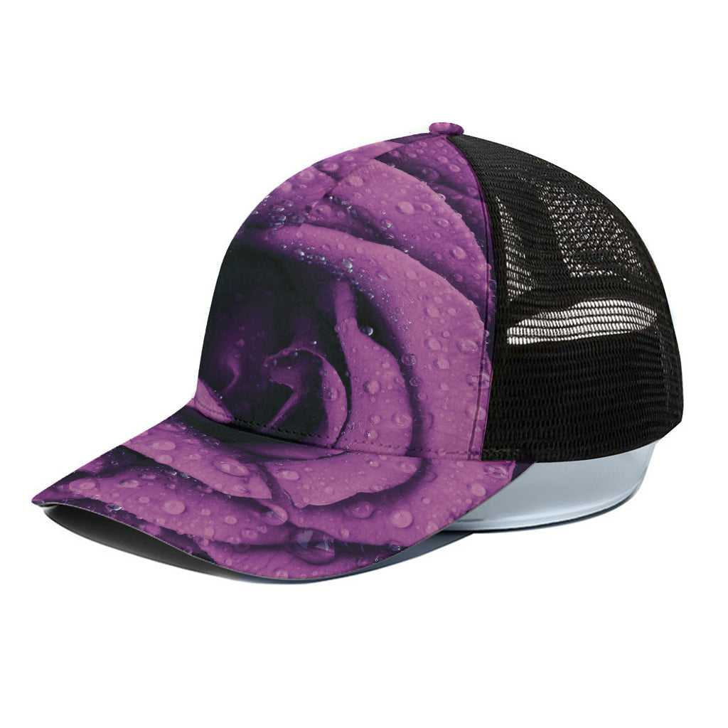 Dark Purple Rose Print Black Mesh Trucker Cap