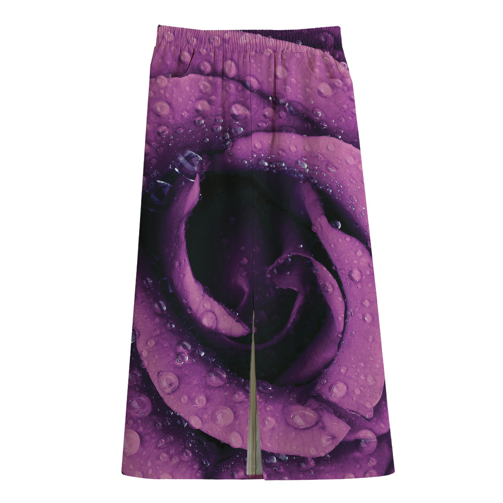 Dark Purple Rose Print Cotton Front Slit Maxi Skirt