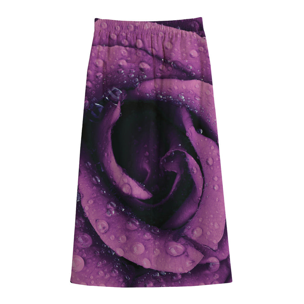 Dark Purple Rose Print Cotton Front Slit Maxi Skirt