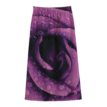 Dark Purple Rose Print Cotton Front Slit Maxi Skirt