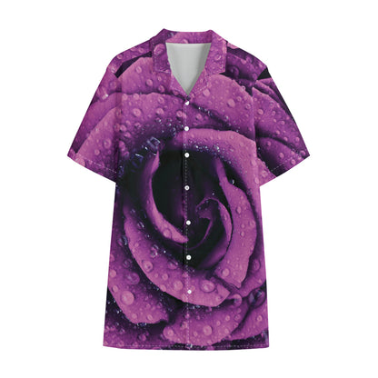 Dark Purple Rose Print Cotton Hawaiian Shirt