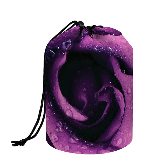 Dark Purple Rose Print Drawstring Makeup Bag