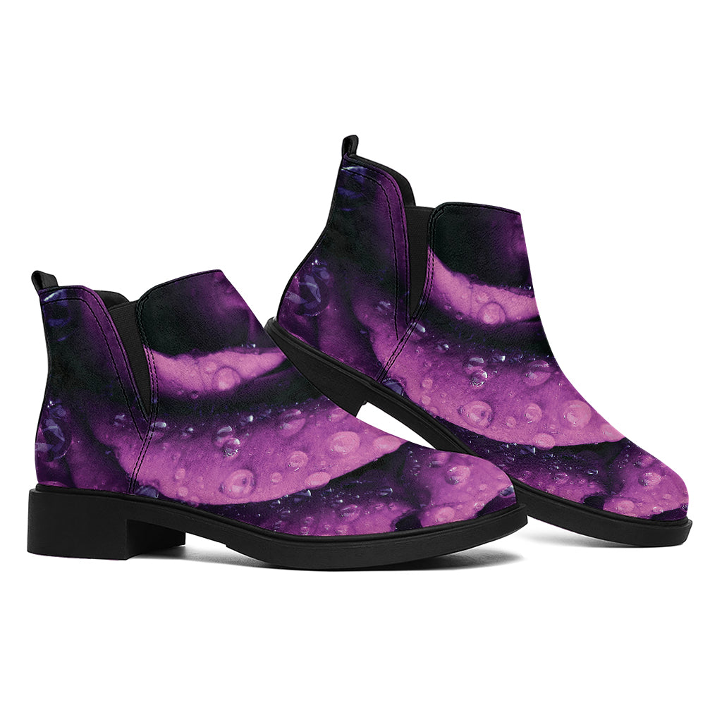 Dark Purple Rose Print Flat Ankle Boots