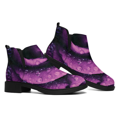 Dark Purple Rose Print Flat Ankle Boots