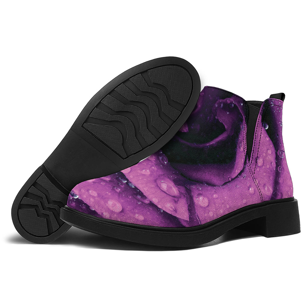 Dark Purple Rose Print Flat Ankle Boots