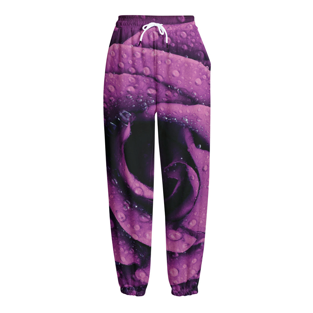 Dark Purple Rose Print Fleece Lined Knit Pants