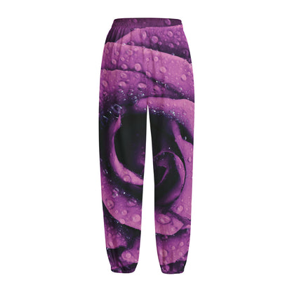 Dark Purple Rose Print Fleece Lined Knit Pants