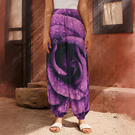 Dark Purple Rose Print Harem Pants
