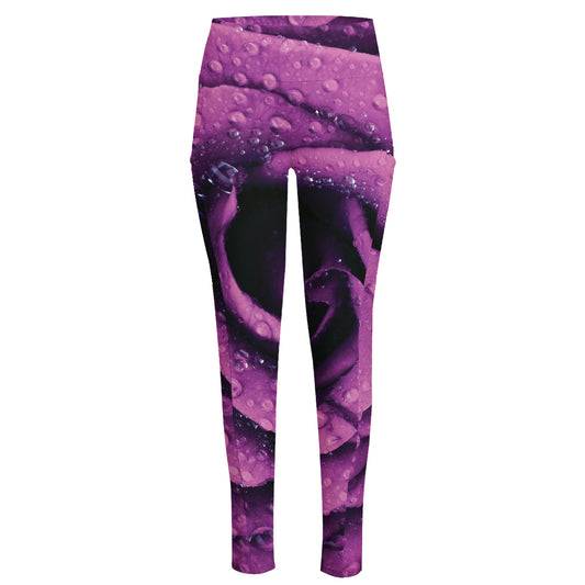 Dark Purple Rose Print High-Waisted Pocket Leggings