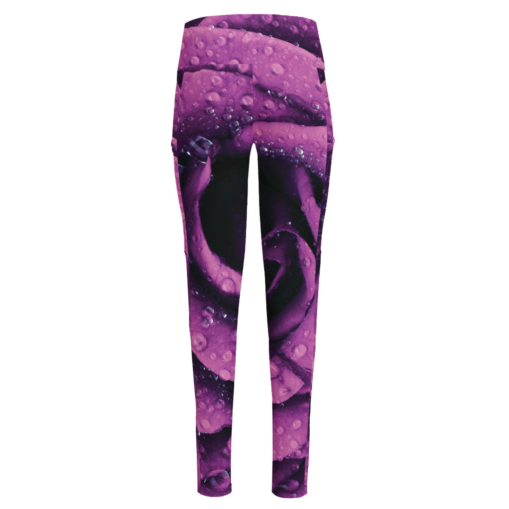 Dark Purple Rose Print High-Waisted Pocket Leggings