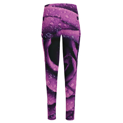 Dark Purple Rose Print High-Waisted Pocket Leggings
