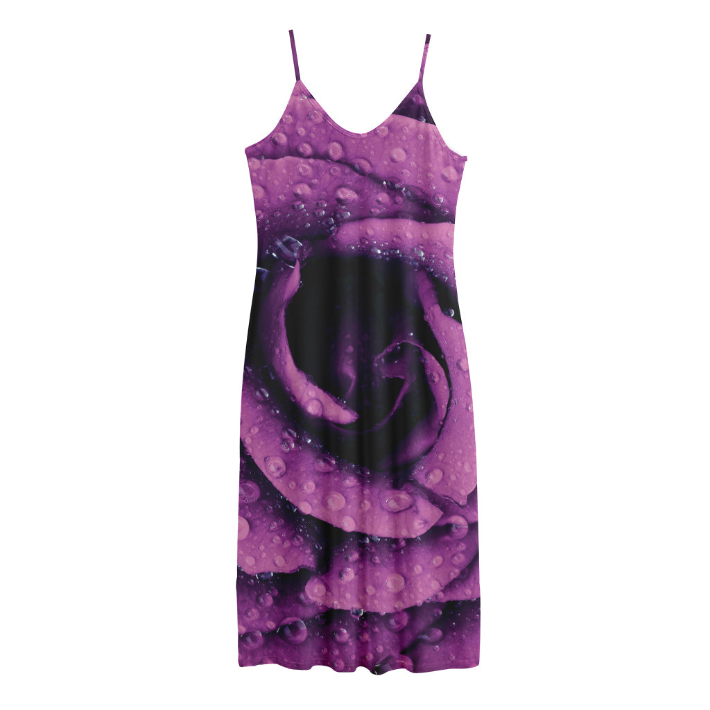 Dark Purple Rose Print Jersey Midi Cami Dress
