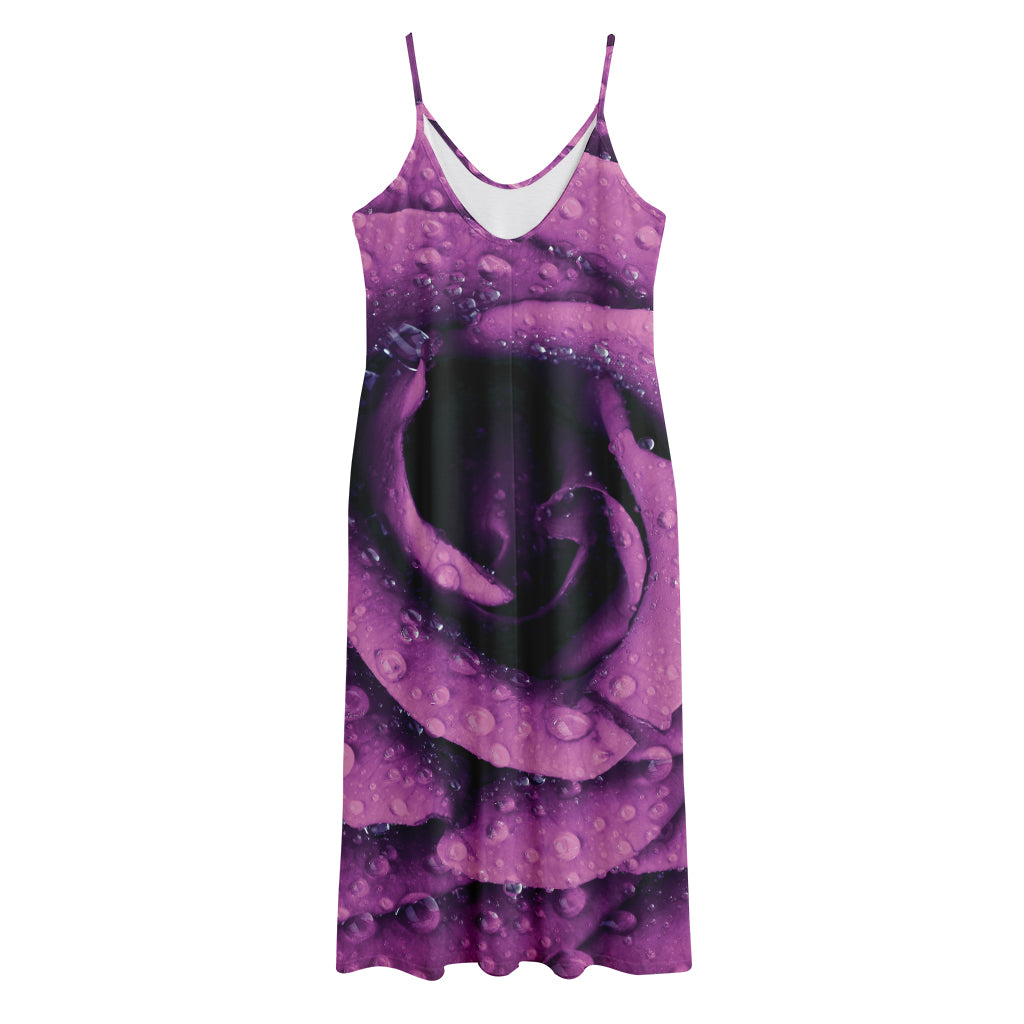 Dark Purple Rose Print Jersey Midi Cami Dress
