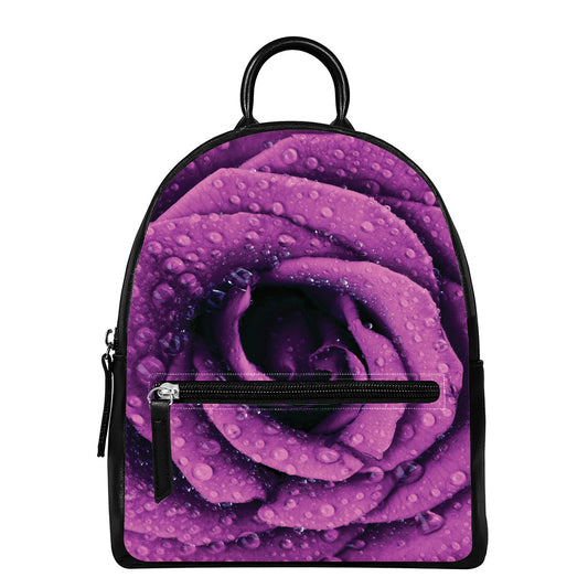 Dark Purple Rose Print Leather Backpack