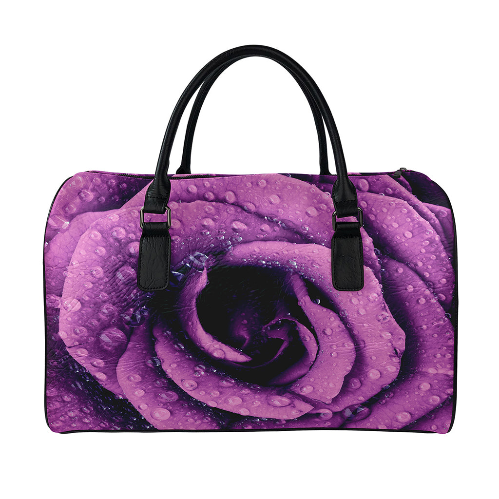 Dark Purple Rose Print Leather Duffle Bag