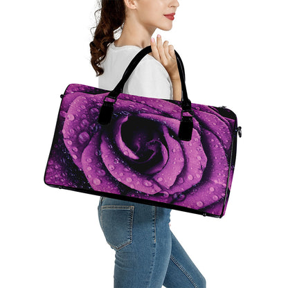 Dark Purple Rose Print Leather Duffle Bag