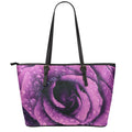Dark Purple Rose Print Leather Tote Bag With Zipper