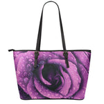 Dark Purple Rose Print Leather Tote Bag
