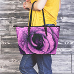 Dark Purple Rose Print Leather Tote Bag