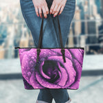 Dark Purple Rose Print Leather Tote Bag
