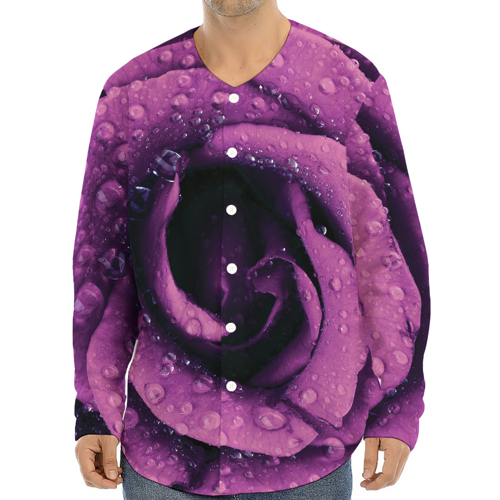 Dark Purple Rose Print Long Sleeve Baseball Jersey