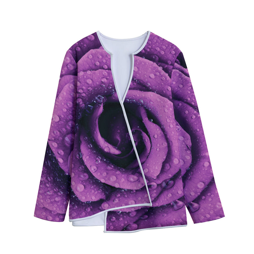 Dark Purple Rose Print Long Sleeve Short Coat
