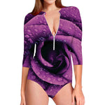 Dark Purple Rose Print Long Sleeve Swimsuit