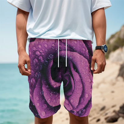 Dark Purple Rose Print Men's Cargo Shorts