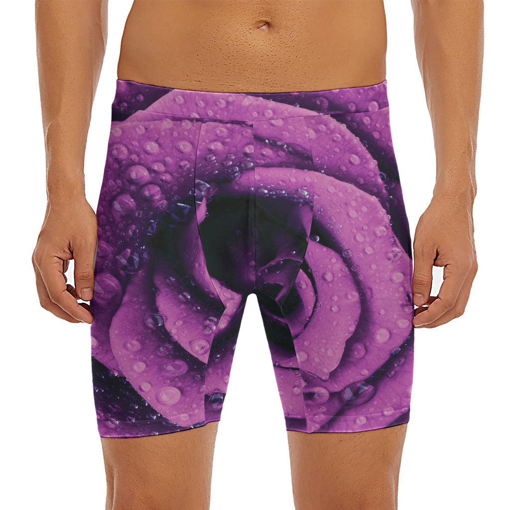 Dark Purple Rose Print Men's Long Boxer Briefs
