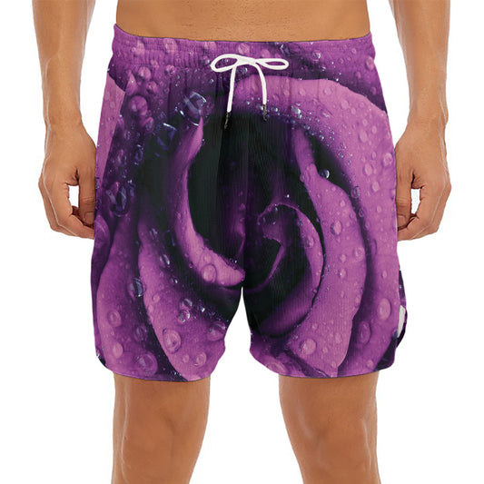 Dark Purple Rose Print Men's Split Running Shorts