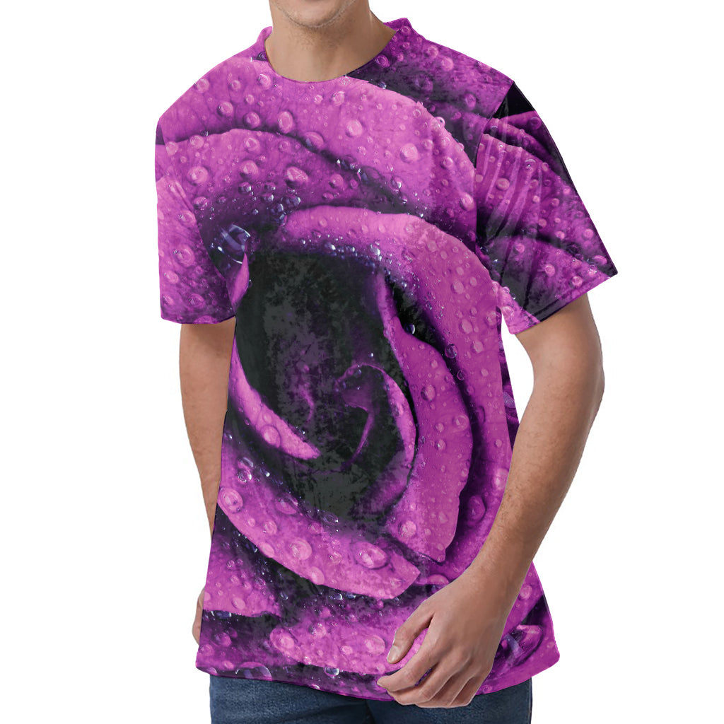 Dark Purple Rose Print Men's Velvet T-Shirt