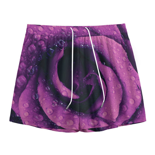 Dark Purple Rose Print Mesh Shorts