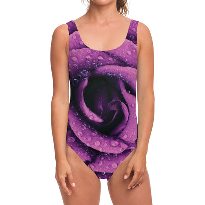Dark Purple Rose Print One Piece Swimsuit