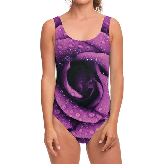 Dark Purple Rose Print One Piece Swimsuit