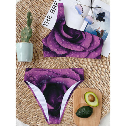 Dark Purple Rose Print One Shoulder Bikini Top