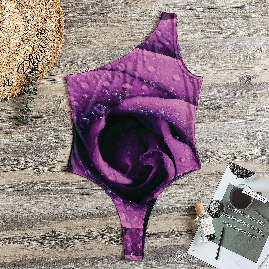 Dark Purple Rose Print One Shoulder Bodysuit