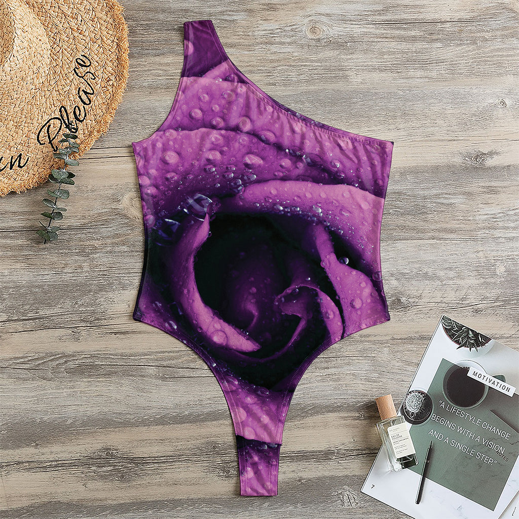 Dark Purple Rose Print One Shoulder Bodysuit