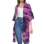 Dark Purple Rose Print Open Front Beach Cover Up